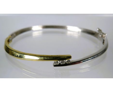 9ct Yellow &amp; White Gold Bangle Bracelet set with a Trio of 2.5 mm Diamonds  (0.15pts)   Total Weight 9.2g