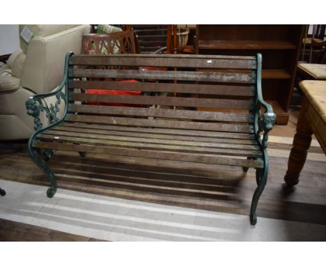 Cast Iron ended bench with lion mask detail. Good wood slats. HEAVY ITEM UNSUITABLE FOR POSTAGE. COLLECT OR COURIER ONLY. 