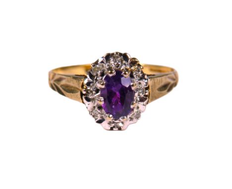 9ct Yellow Gold Ring set with a central  Sapphire and surrounded by Melee Diamonds.  Finger size 'O'    1.7g