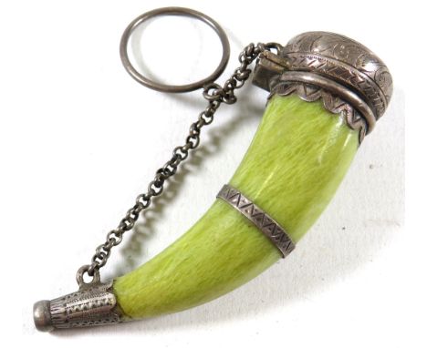 Pretty Green Onyx snuff box with silver end and cap in the shape of a powder horn. Hallmarked for London 1888. Measures 3 inc