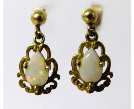 Pair of pretty Opal Set earrings in 9ct Yellow Gold Mounts approx 20mm long. See photos. 