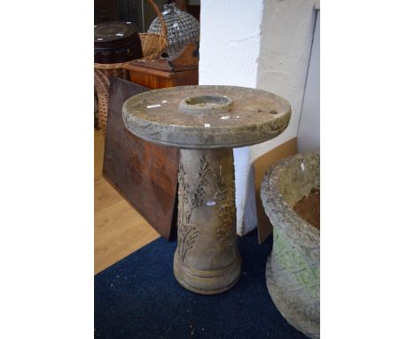 Recon Stone Birdbath on pedestal with foliate decoration. H: 26 inches tall. VERY HEAVY ITEM NOT SUITABLE FOR POSTAGE, COURIE