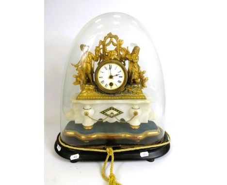 Ornate Late 19th Century Mantle clock under large Glass Dome. Comes in three sections. Marble body with Gilt Ormalu mount. Cl