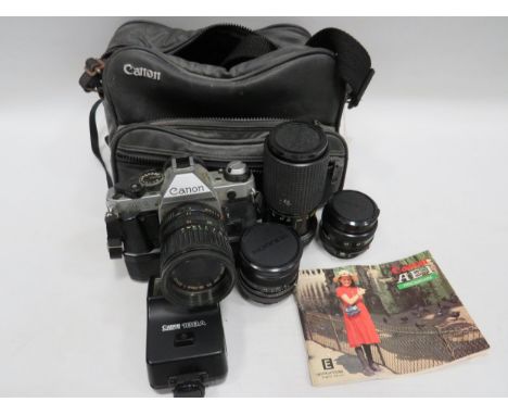 Canon AE1 SLR Camera with motorwind fitted together with 35-70mm lens, SolIgor Wide angle autofocus 20mm , 80-200mm Zoom, Can