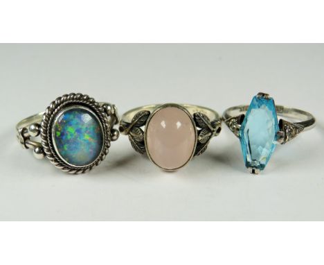 Three Stone Set Silver Rings to include one Opal. Ring Sizes 'S'   'Q' &amp; 'O'   See photos