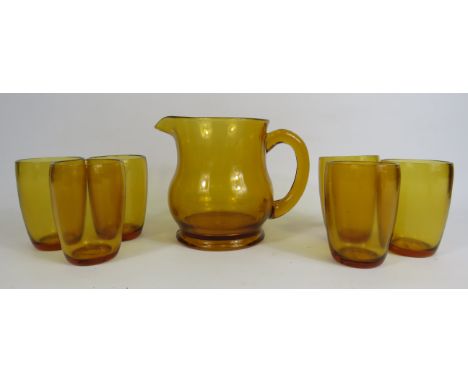 Vintage amber glass lemonade set consisting of a jug and Six glasses.