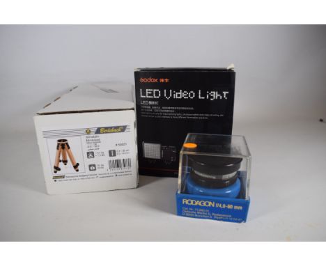  Boxed Tripod, Boxed Godox LED Video Light, Boxed Rodagon Lens.  See photos for details. 