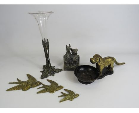 Mixed lot to include a dog nut cracker, epergne vase, brass wall plaque flying Swallows etc.