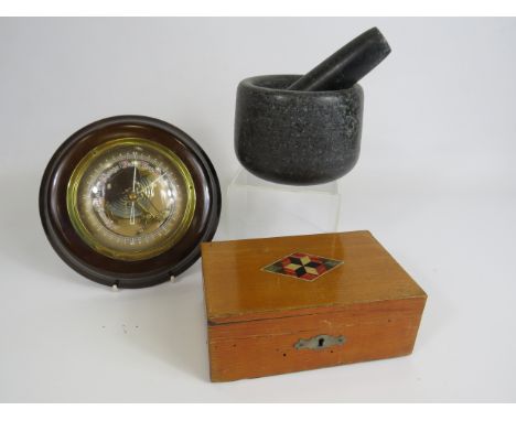 Vintage Barometer, Stone pestle and motar and a vintage woden box.