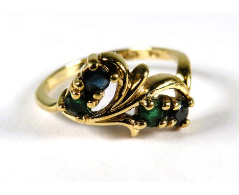 9ct Yellow Gold Ring set with Four sapphires in a leaf pattern.  Finger size 'K'   1.9g