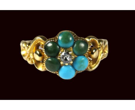 Interesting Victorian Ring set with Central Cushion cut old Diamond and discoloured Turquoise. Fancy Gold mount with poor rep