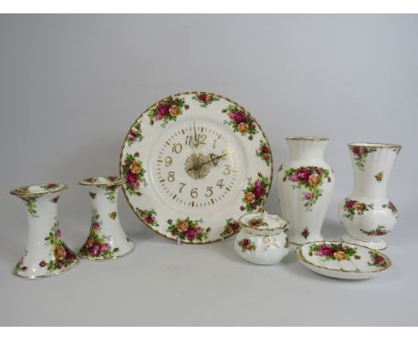 Selection of Royal Albert old country roses including candlesticks, clock etc.