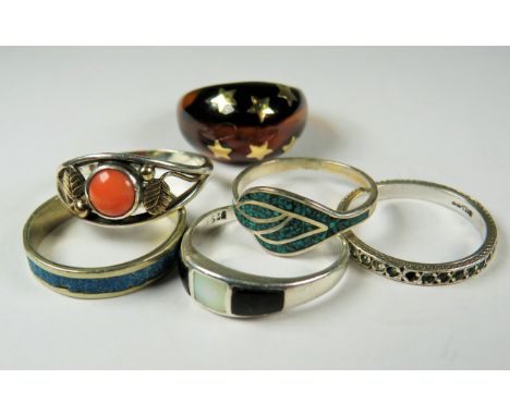 Five Sterling Silver and enamel rings plus one lucite ring , Various Finger sizes