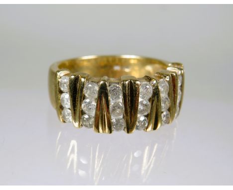 9ct Yellow Gold Ring set with 21 Melee Diamonds in Geometric patterns.  Finger size 'M'   5.0g