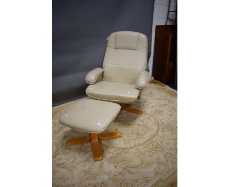 Easy Chair with footstool in faux leather on beech base with fire ticket.  Fair condition.  See photos.   S2