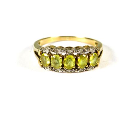 9ct Yellow Gold Ring set with five Yellow Diamond with small clear Diamonds surrounding.  Finger size 'Q'  2.8g