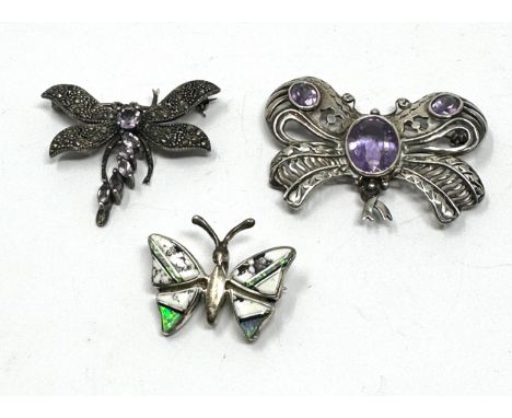 Three silver butterfly brooches including gemstone (38g)