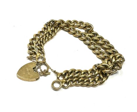 Gold on silver double row curb link bracelet with heart padlock (39g)
