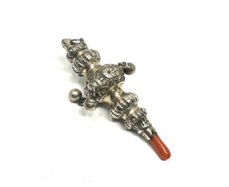 antique silver baby rattle / whistle coral handle 