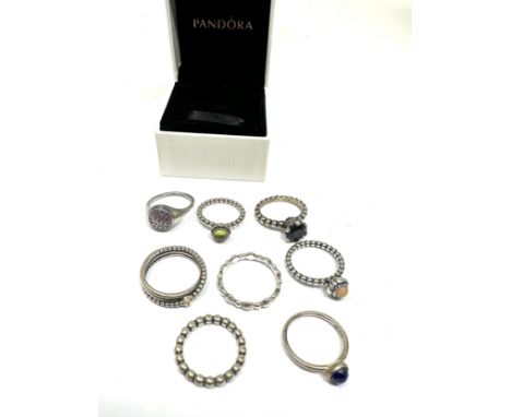 A collection of silver gemstone rings by designer Pandora (27g)