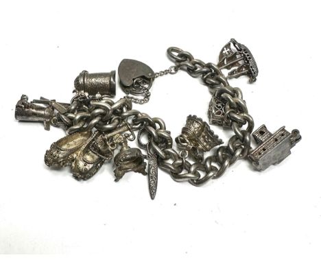 Silver charm bracelet with heart padlock clasp (60g)