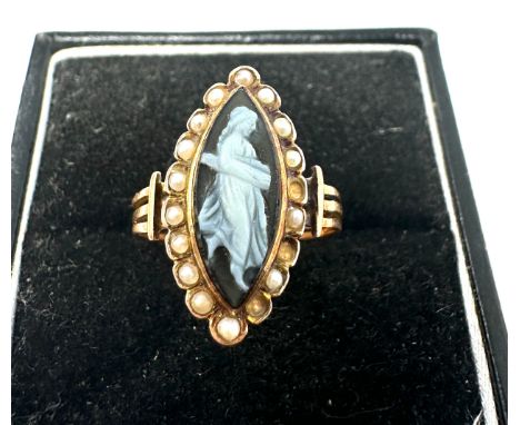 9ct gold antique seed pearl &amp; cameo dress ring (2.4g) missing pearls as shown