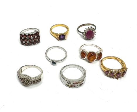 A collection of silver gemstone rings including Ruby (29g)