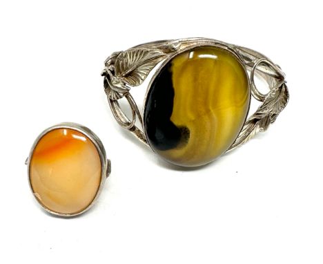 Silver statement bangle and ring including gemstones (60g)
