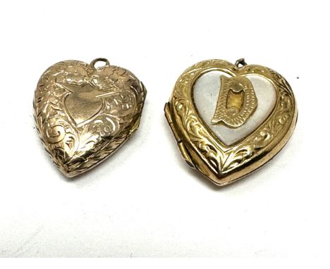 2 X 9ct Gold Back & Front Heart Locket Pendants With Mother Of Pearl Highlight (6.8g)