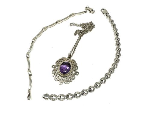 Silver bracelets &amp; silver &amp; amethyst pendant necklace 