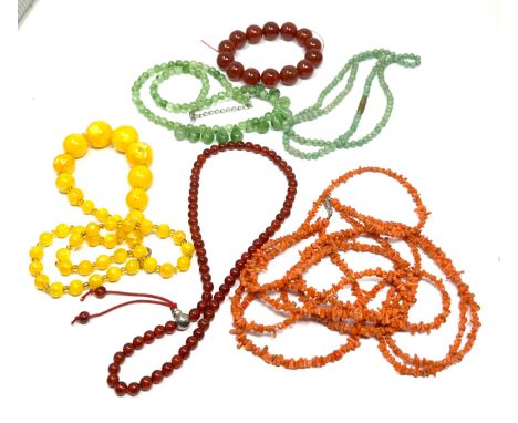 Selection of bead necklaces includes coral jade type  etc 