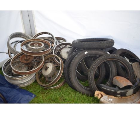 REVISED DESCRIPTION: A pair of Dunlop aluminum wheel rims, other wheel rims, wheels, tyres and tin ware (qty)