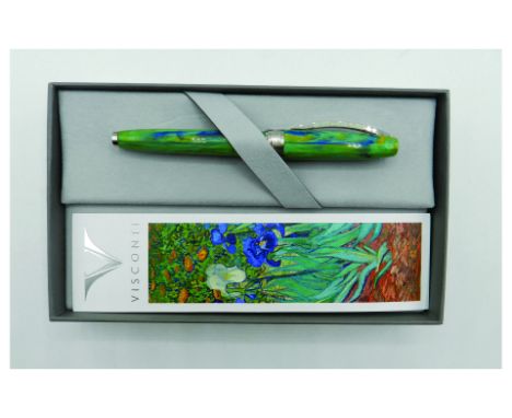 Visconti Van Gogh Irises Fountain Pen Medium Nib: The light green natural resin background, with dark blue and yellow variati