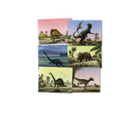 Six Dinosaur Drawings by Gordon C Davies: Original artwork for first day covers. Image sizes approx 230 x 175mm