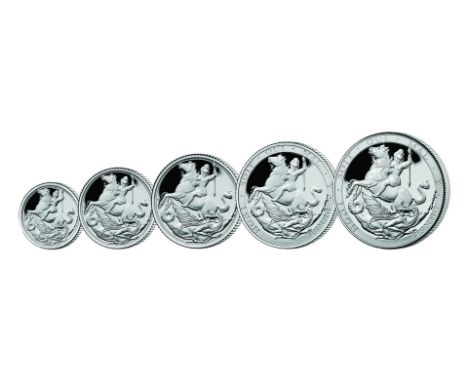 2019 Gibraltar Silver Sovereign Set (69.83g): 2019 Gibraltar .999 Worlds first pure silver sovereign five coin set. Contains: