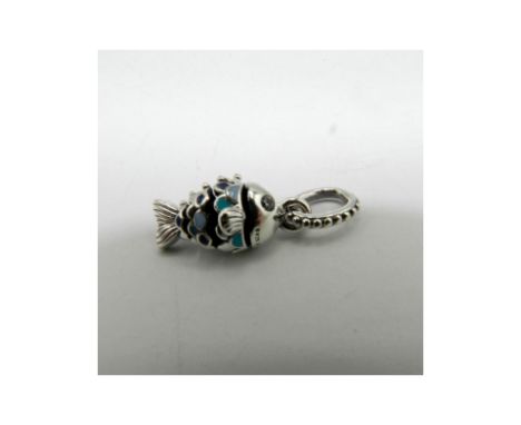 Pandora Fish Charm: Pandora blue scaled fish dangle charm. The charm in a shape of a fish features shimmering clear cubic zir