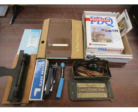 Lingua phone,&nbsp; Rapid reading kit, Vintage Enema tool in box, pocket microscope and a hole punch