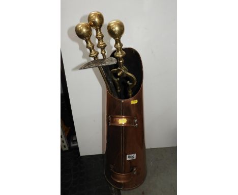 Copper Coal Scuttle and Contents - Brass fire Tools 