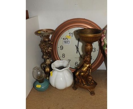 Candlesticks, Oil Lamp and Wall Clock etc 