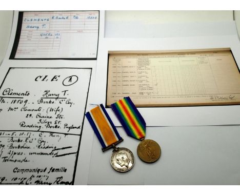 18509 PTE H T CLEMENTS R BIRKS R, a British WWI Royal Berkshire Regiment medal pair comprising BWM and Victory medal, with pr