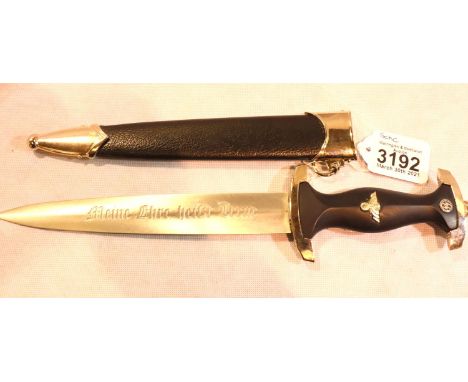 German WWII re-enactment SS parade dagger and scabbard, with engraved blade, the blade L: 21 cm. P&amp;P Group 2 (£18+VAT for