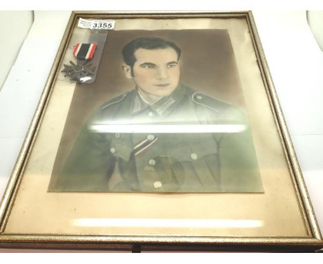WWII German merit cross with framed and glazed portrait. P&amp;P Group 2 (£18+VAT for the first lot and £3+VAT for subsequent