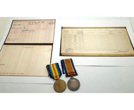42852 PTE G J MOORE R BIRKS R, a British WWI Royal Berkshire Regiment medal pair comprising BWM and Victory medal, with print