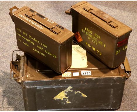 Two 22 tin ammunition boxes and a larger 38 2000 cartridge box. P&amp;P Group 3 (£25+VAT for the first lot and £5+VAT for sub