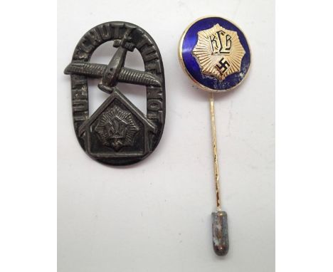 German WWII RLB enamelled stick pin, indistinctly marked verso, and RLB Luftschutz Tutnot lapel badge, possibly early replica