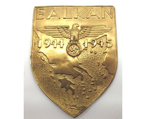 German WWII re-enactment pressed metal Balkan 1944-5 arm shield. P&amp;P Group 1 (£14+VAT for the first lot and £1+VAT for su