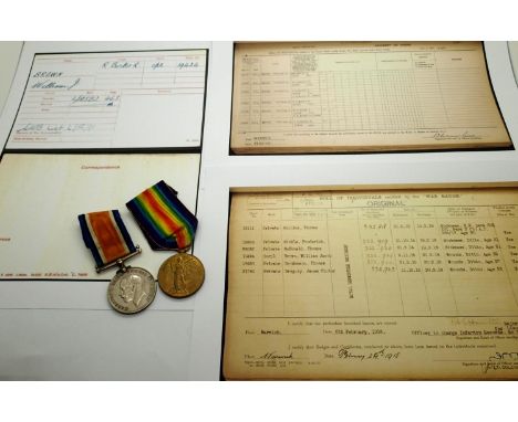 19424 CPL W J BROWN R BIRKS R, a British WWI Royal Berkshire Regiment medal pair comprising BWM and Victory medal, with print