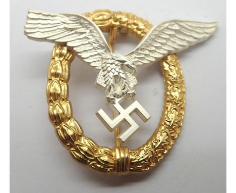 German WWII re-enactment Luftwaffe Pilots badge in gold of two piece construction. P&amp;P Group 1 (£14+VAT for the first lot