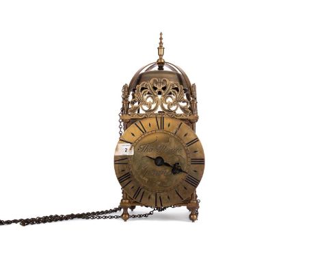 BRASS LANTERN CLOCK OF CHARLES II DESIGN,by Thomas Moore of Ipswich, with Roman numeral chapter ring, of typical form, 37cm h