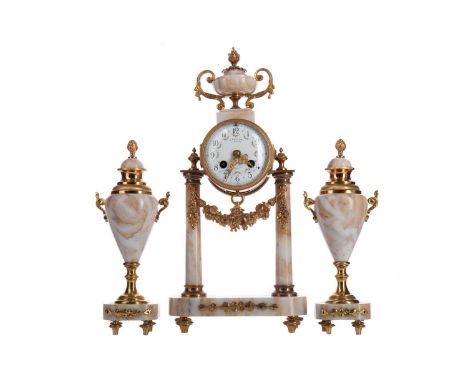 LATE 19TH CENTURY MARBLE AND BRASS CLOCK GARNITURE,with two train eight day movement, striking on a bell, the white enamel di